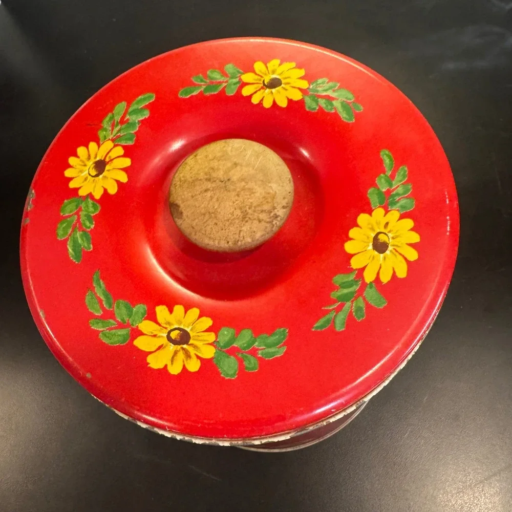 Vintage Sunflower Metal Kitchen Canister Red Farmhouse Decor Large Yellow Flower